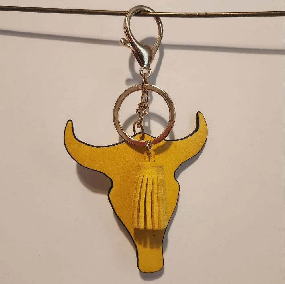 5” Yellow Faux Leather Floral Print Cow Bull Head Keychain